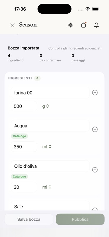 Bozza Smart Import con ingredienti della focaccia estratti dalla caption