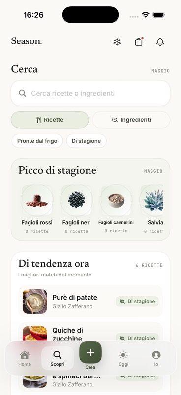 Schermata Season con ricerca ricette e ingredienti