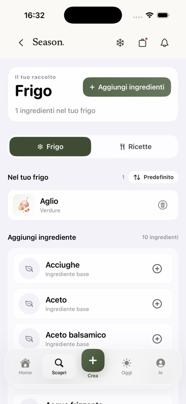 Schermata Season con frigo e aggiunta ingredienti